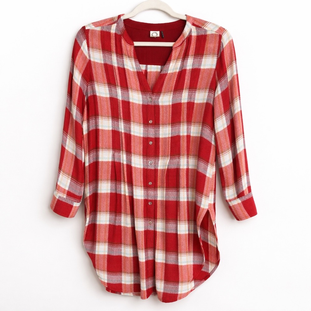 Akemi + Kin Anthropologie Plaid Tunic Top Small Side Slit Boho Soft